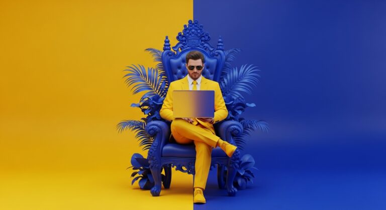A modern man in a vibrant yellow suit, wearing sunglasses, working on a sleek silver laptop. He is seated on an ornate royal blue throne-like chair with stylized plant elements. The background is split between solid vibrant yellow and deep royal blue. Digital art, 3D render, high detail, clean lines, minimalist, futuristic, bold colors.